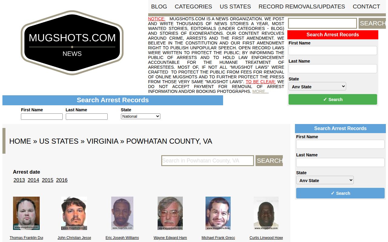 Historic Powhatan County third-party mugshot inventory page with no current custody authority