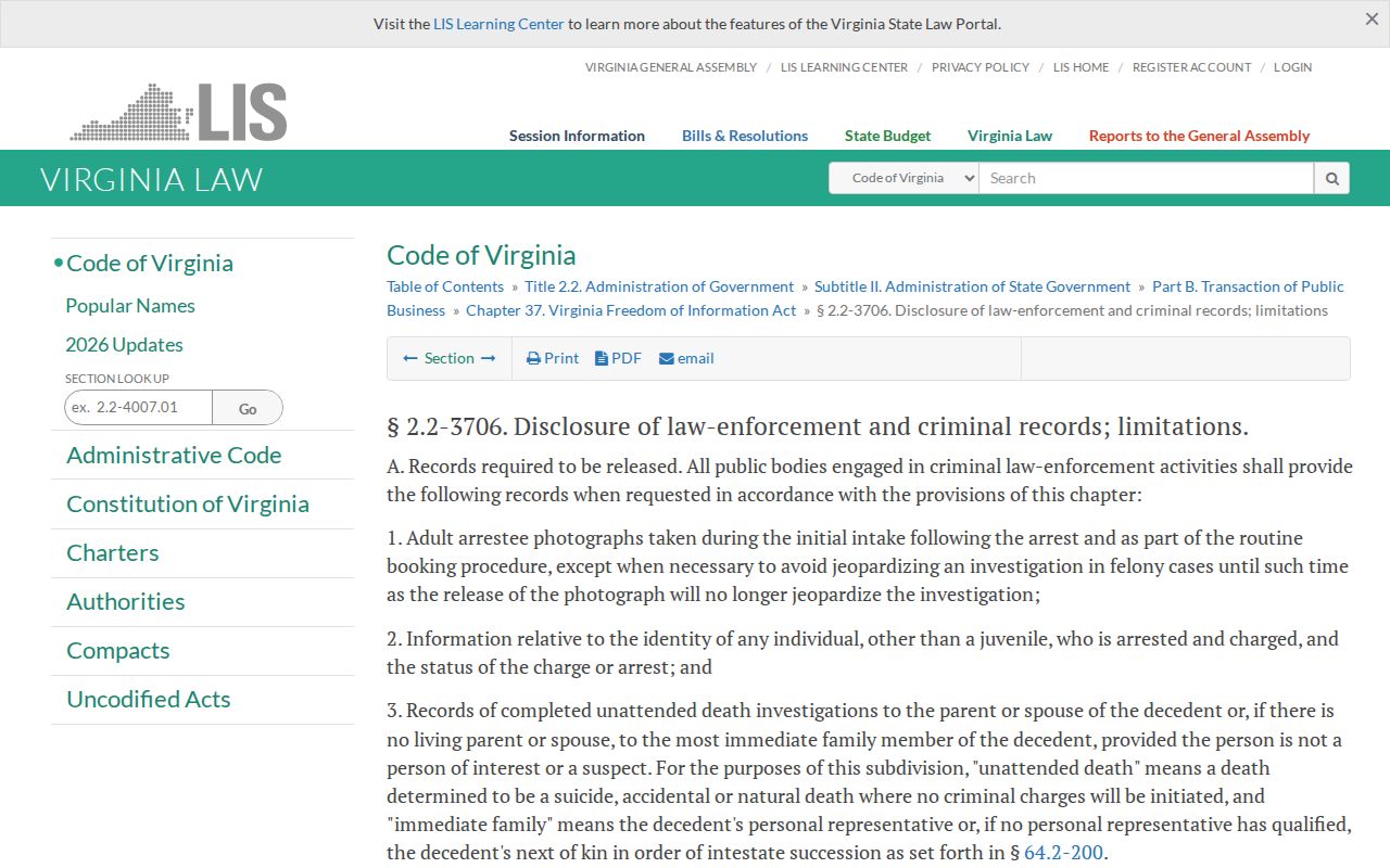 Powhatan County Virginia adult booking-photo public-records rule